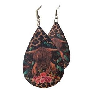 Highland Cow Wooden Teardrop Earrings